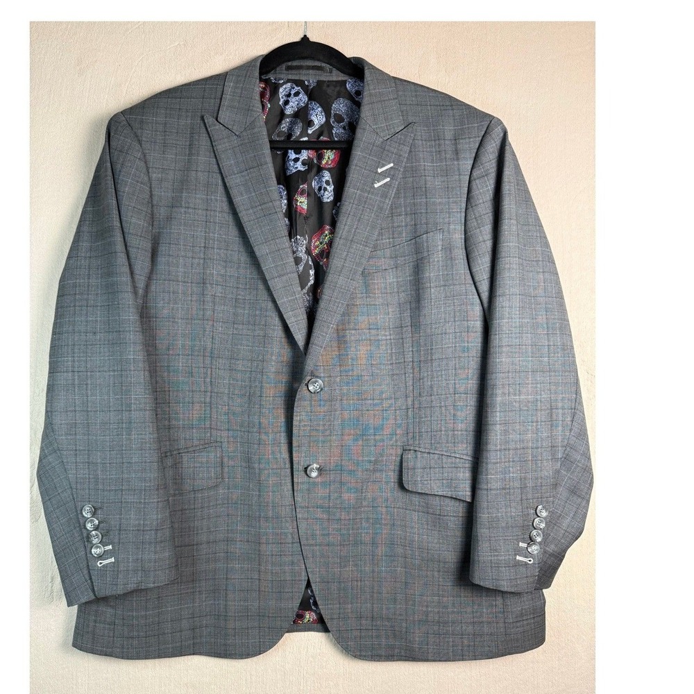 Bespoke Christian‎ Roche Gray Plaid Suit Jacket Custom Silk Skull Lined 44R